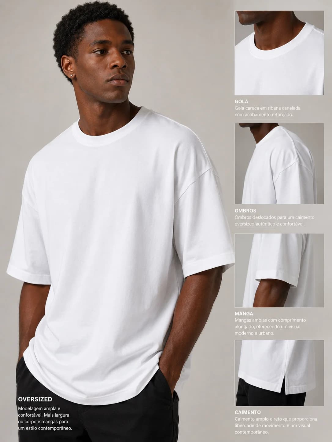 T-shirt oversized branca · mapa de detalhes (caimento, ombros, manga, barra)